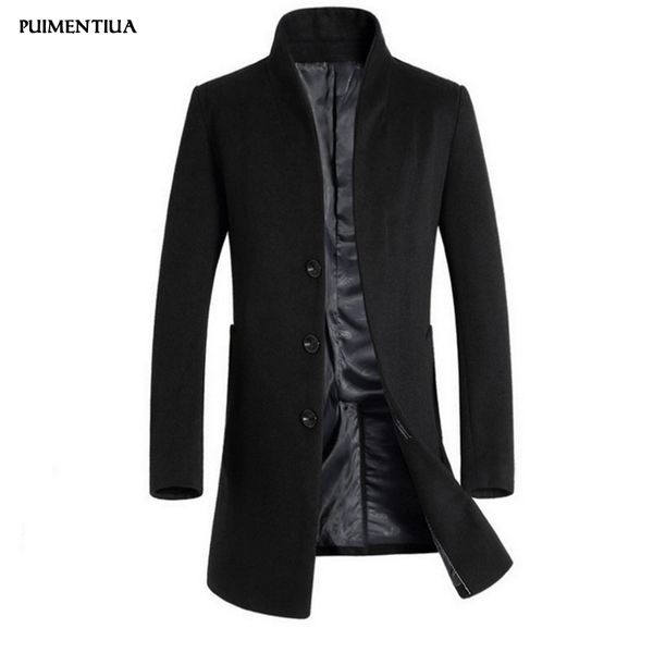 

puimentiua 2019 new fashion men casual solid single breasted long trench standing collar slim fit coat males spring autumn, Tan;black