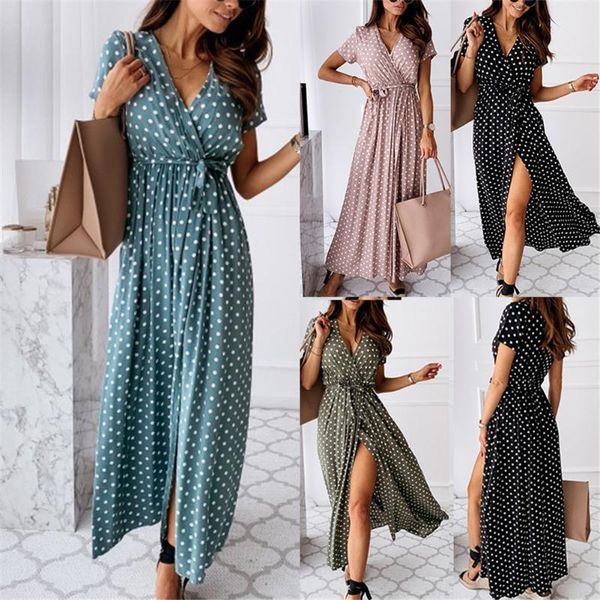 

summer dress women v neck dot maxi fashion elegant dress ladies beach holiday long dresses sundress bmf88, Black;gray