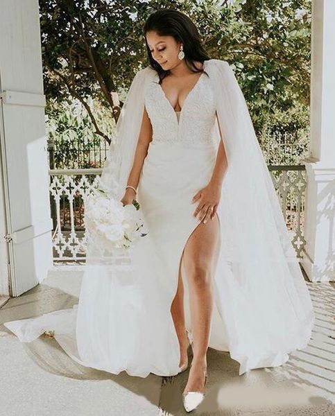 

african stunning deep v neck 2020 wedding dresses with long tulle cape lace bridal gowns high side split vestido de novias, White