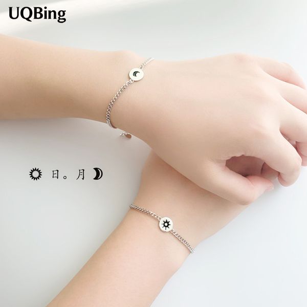 

925 sterling silver simple mori girlfriends retro round coin sun moon couples charm bracelets for women wholesale jewelry, Golden;silver