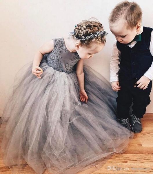 

cute puffy gray tulle flower girl dresses ball gown lace appliques bow sash girls pageant dress kids formal wear, White;blue