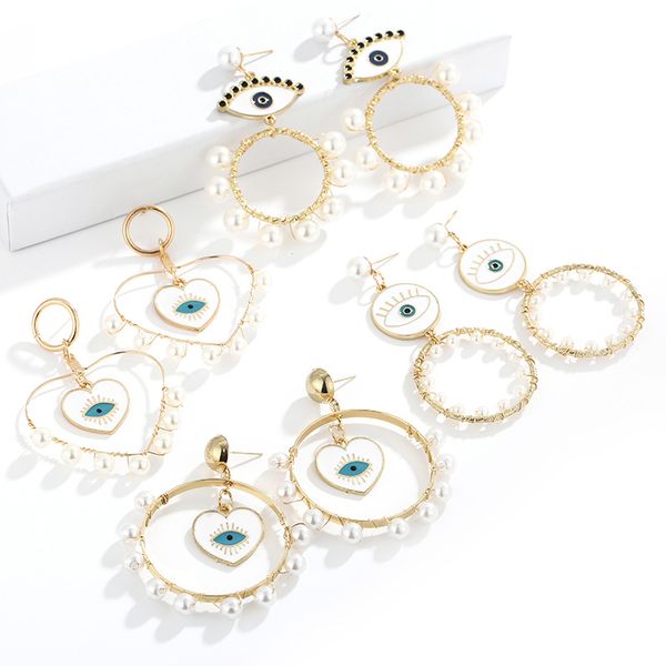 

new long evil eye dangle earrings for women imitation pearl round heart drop earrings bohemian femme jewelry, Silver