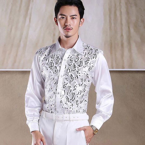 

2019 new men's glittering sequined shirt shirt stage performance clothing dance gala hosted chorus shirts high quality, White;black