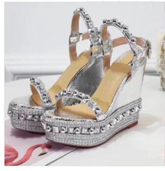 

новые женщины red bottom сандалии cataclou корк клин конструкторы обувь эспадрильи высокий каблук летние сандалии серебряные блестки покрыты, Black