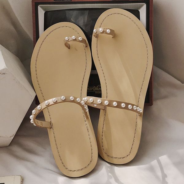 

women flip flop fashion toe ring beaded pearl beach slippers flat slides claquette femme chaussure kapcie damskie chausson femme, Black