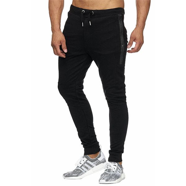 

тонкий сплошной цвет мужские брюки с застежкой-молнией шнурок мужские дизайнерские брюки карандаш случайные мужские брюки новое поступление, Black