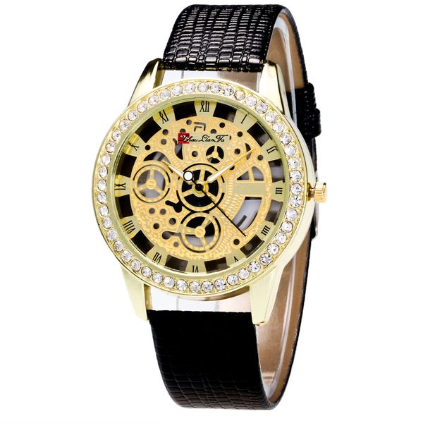

men women watch hollow gear roman numeral dial gold surface new quartz wristwatch zegarki damskie relojes de mujer, Slivery;brown
