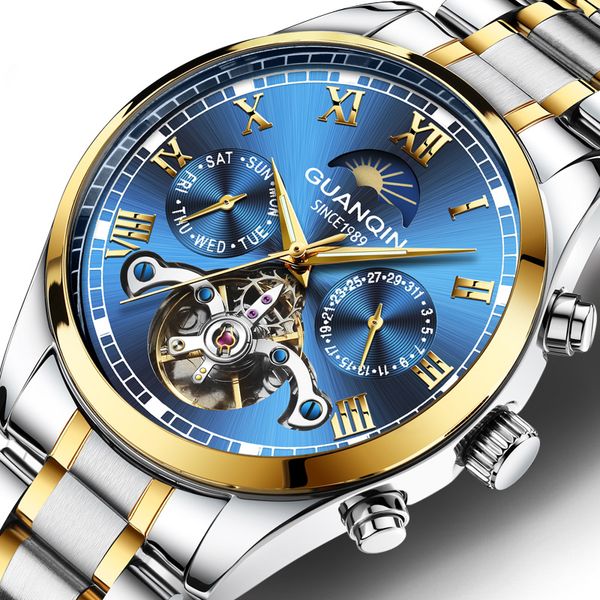 

guanqin fashion luminous watch men mechanical clock tourbillon waterproof automatic mens watches calendar reloj hombre 2020 new y200414, Slivery;brown