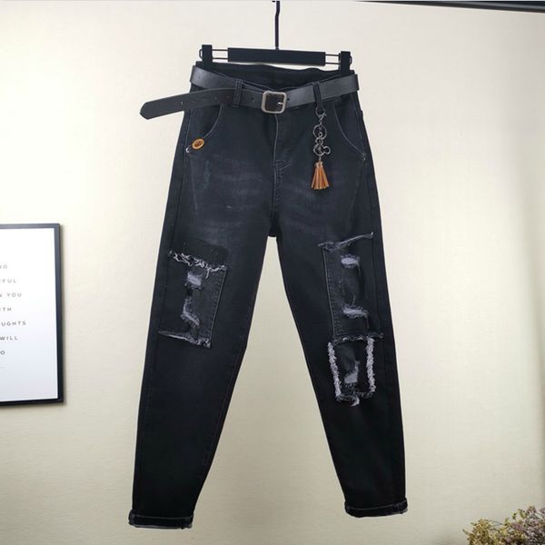 

2019 new spliced hole high waist jeans women streetwear cross-pants autumn loose black womens denim jeans, Blue