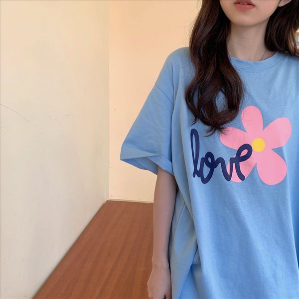 

лето 2020 рыхлый круглый воротник короткий рукав футболки топ футболка женский корейский основной свободный яркий цветок короткий рукав свер, White