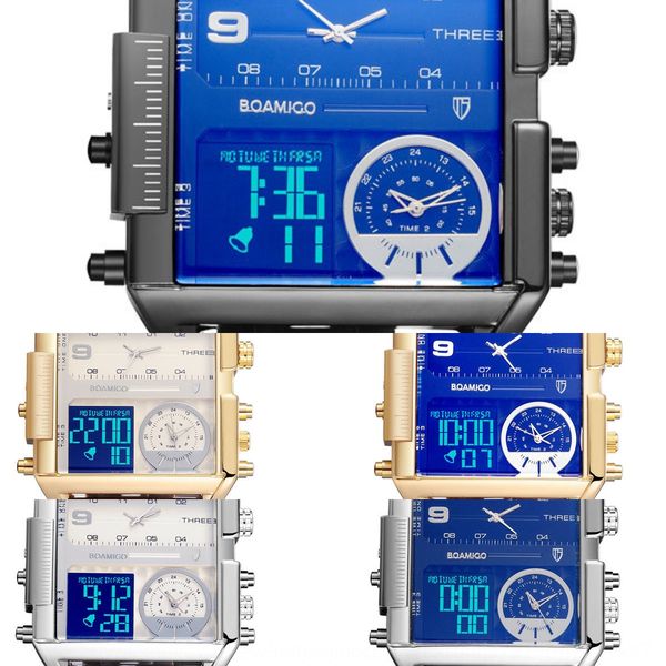 

boamigo sports three time zone electronic square men's 30 m waterproof electronic watch men's watch, Blue