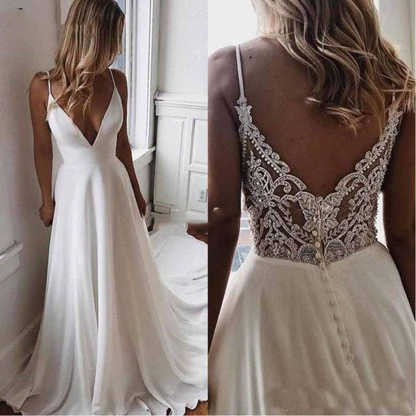 

simple chiffon a line boho beach wedding dress bead applique formal bridal gowns lakshmigown bride vestidos de novia, White