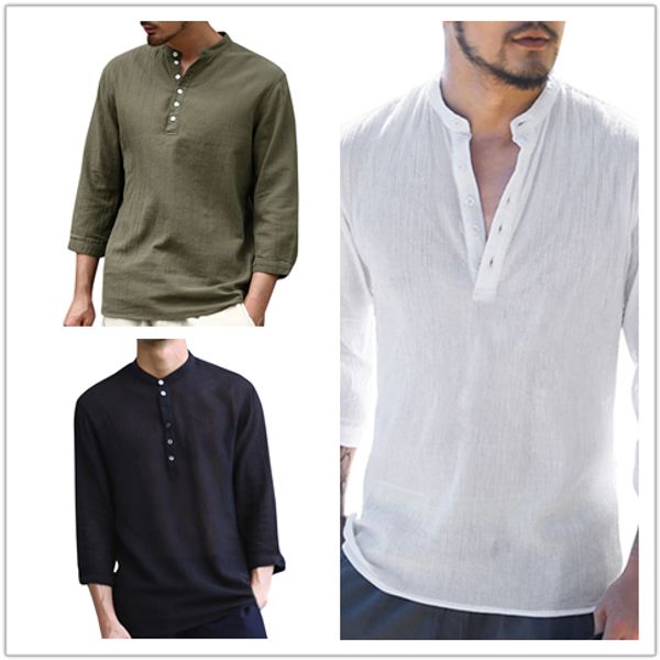 

новые мужчины моды хенли топ хлопка и льняная рубашка v-образным вырезом 3/4 рукава стильный slim fit футболку весна кнопка мужчины повседне, White;black