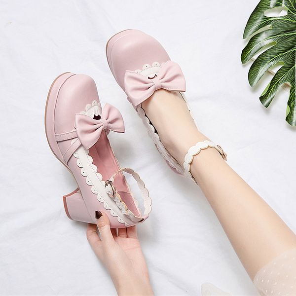 

розовый лолита kawaii обувь на высоких каблуках платформы насосы лодыжки ремень мода смазливая лук обувь 2020 женщин коренастый пятки черные, Black