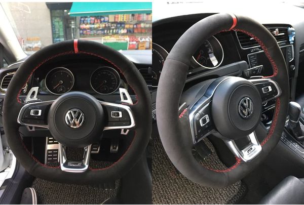 Schwarze Echtleder-Wildleder-Lenkradbezüge für 2015–2019 VW Jetta GLI Golf R Golf 7 MK7 Golf GTI Zubehör284k