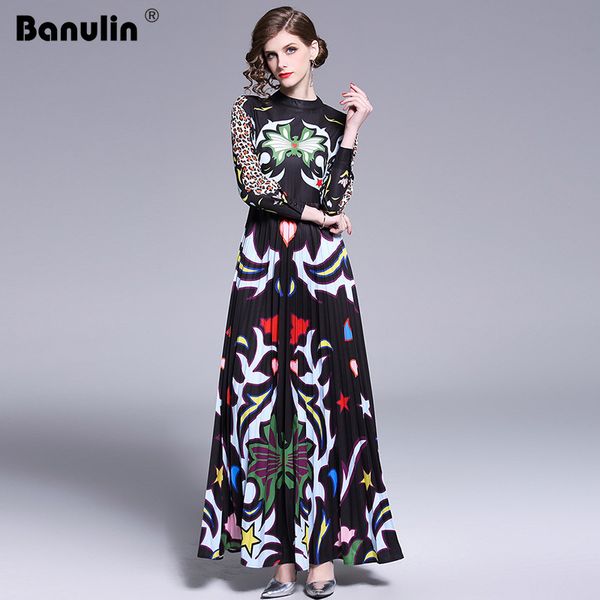 

banulin 2019 runway длинные платья макси женщин высокого качества очаровательная цветочные длинным рукавом лоскутная элегантный vintage длин, Black;pink