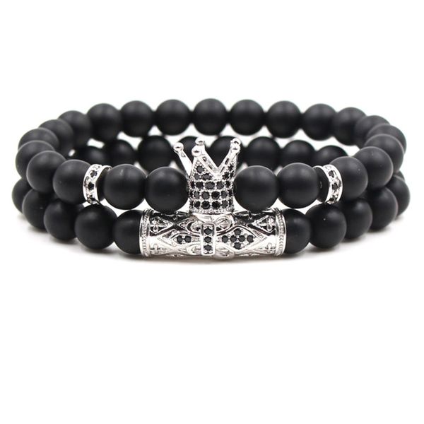 

2pcs/set natural stone beaded 8mm mens bracelets popular pave small crown and ball bracelet classic matte black bracelets jewelry gifts