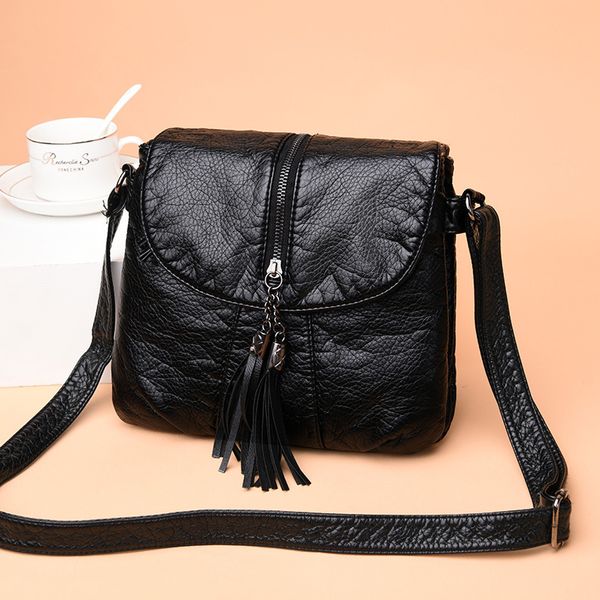 

2019 black small square package woman oblique satchel single shoulder package tassels soft leather concise joker ma'am