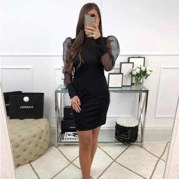 

2020 winter women`s slim solid patchwork mesh puff sleeve knitted sweater turtleneck bodycon mini jumper dress, Black;gray