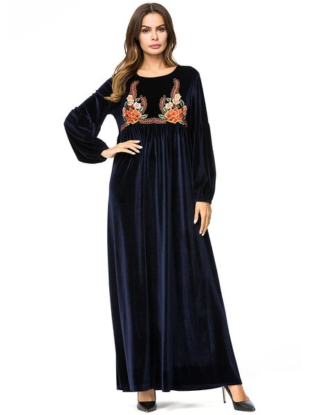 

187225 hand-embroidered korean long-sleeved dress muslim solid color casual robes pakaian wanita islam vestido de mujer musulmana, Red