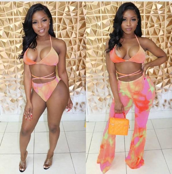 

women swimsuits slim 3 flare pants tie dye sling bikinis summer fashion female swimwear sheer mesh designer, White;black