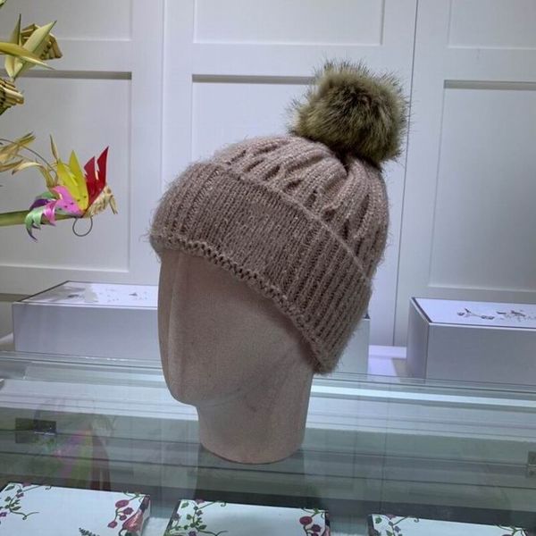 

2020 cotton knitting wool pink hats with brown hair ball women's winter warm hats with box, Blue;gray