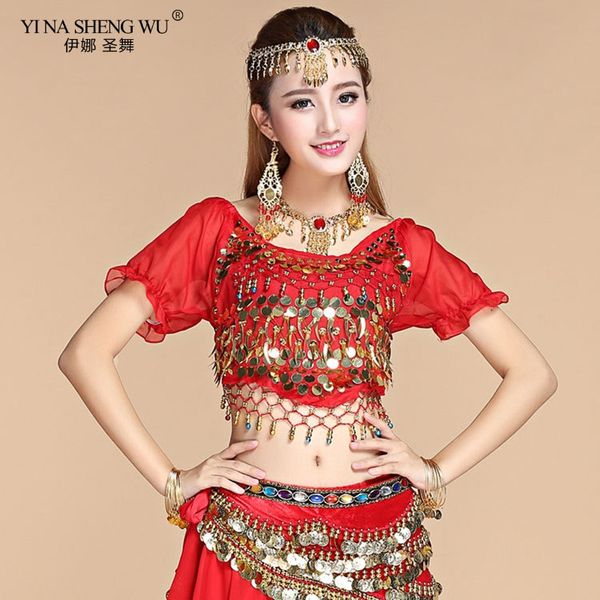 

stage wear women's belly dance costume shirt chiffon lantern short sleeves gold coins tees clothing dancing practice top, Black;red