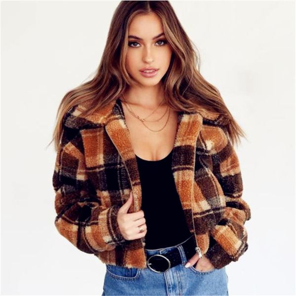 

new women's lamb-like plaid jacket jacket short women's warm padded coat, Black
