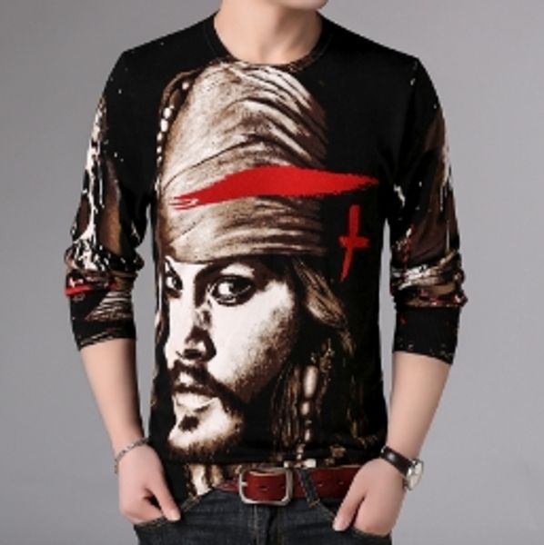 Moda-2018 Pullover Camisola Homens Outono Inverno Roupas Homens O Pescoço Suéteres Personagem Piratas Homens Preto Sueter Hombre Invierno