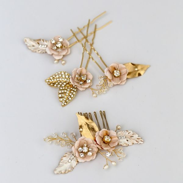 

jonnafe bridal gold leaf small hair comb pins handmade wedding hair jewelry delicate women headpiece accessories, Golden;white