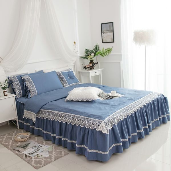 

blue lace princess wedding luxury bedding set king  twin pure cotton bed skirt duvet cover bedspread pillowcase bedclothes