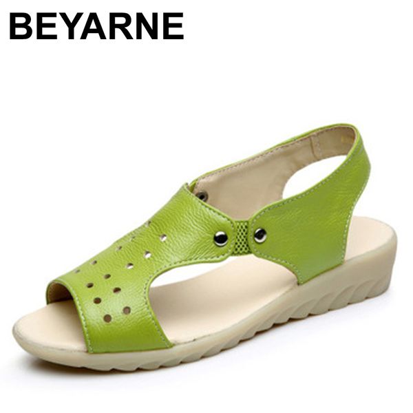 

beyarne cow genuine leather sandals women flat heel sandals fashion summer shoes woman summer plus size 43 ing, Black