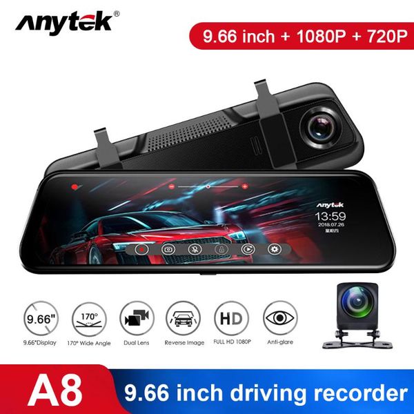 

anytek car dvr 9.66 inch touch screen video recorder auto registrar stream mirror with rearview camera night vision dash cam