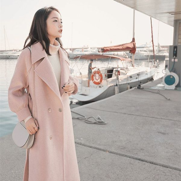 

2018 winter women's pink color woolen coat new section lanterns sleeve long coat female long thick woolen, Black