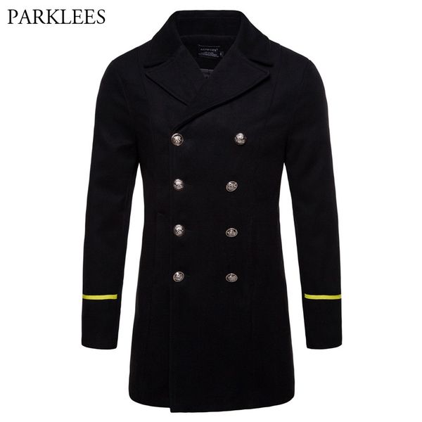 

classic double breasted pea coat men 2018 brand new mens winter long trench coats slim fit fashion overcoat jacket manteau homme, Black
