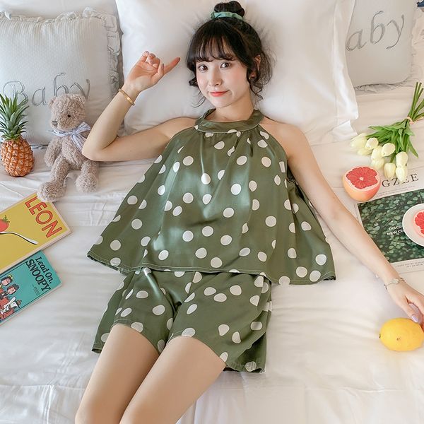 

viscose fiber pajamas women's summer short-sleeved strap cute polka dot thin silk suit spring and autumn leisure, Black;red