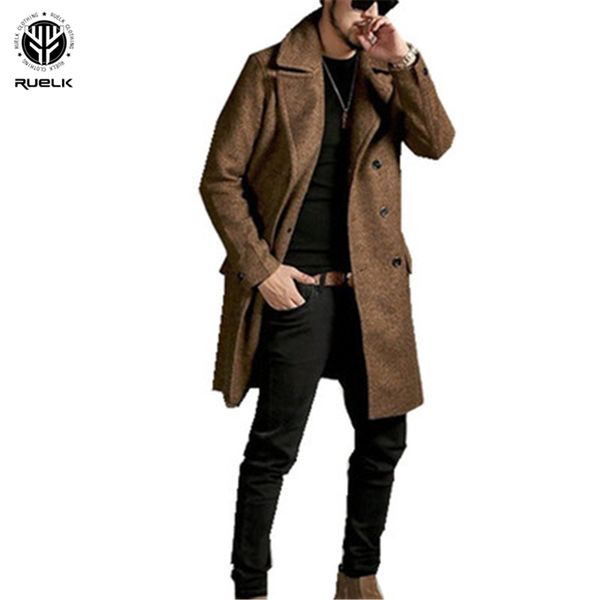 

ruelk men's autumn and winter 2020 mid-length business style trench coat classic solid color printing thick double-breasted men, Black