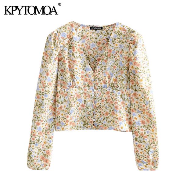 

kpytomoa women 2020 fashion floral print buttoned cropped blouses vintage v neck long sleeve female shirts blusas chic, White