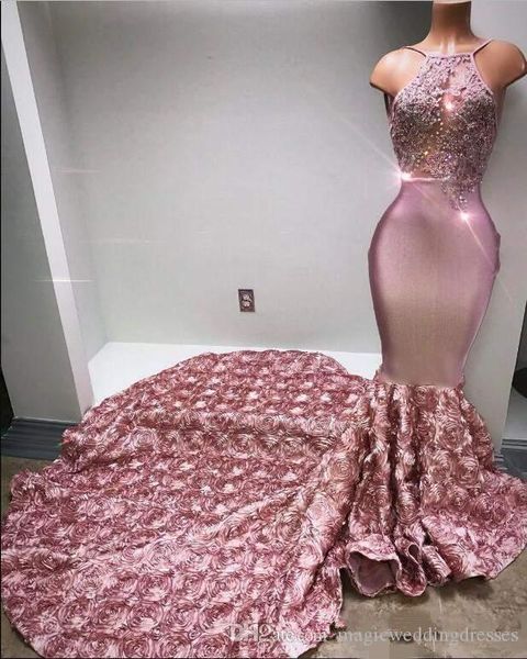 

luxury rose pink mermaid prom dresses spaghetti backless flower skirt cascading ruffles evening gowns illusion bodices sequined beading wear, Black