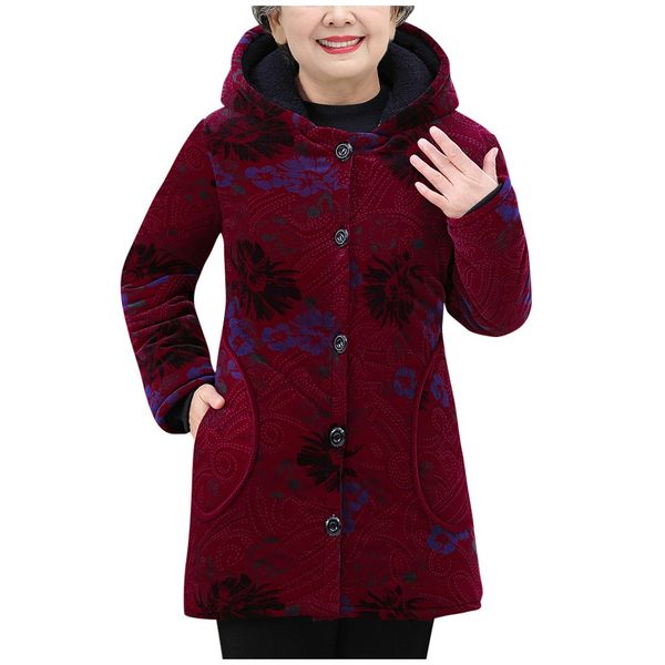 

vintage women winter jackets and coats plus size womens parka outwear floral print hooded coat button women coats winter jacket, Black