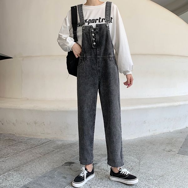 

dark ash female straight harlan tall waist trousers suspenders, Blue