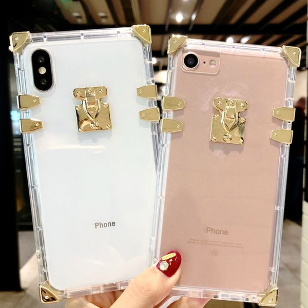 

luxury square clear phone case for iphone 7 7plus x bling metal clear crystal cover back for iphone xs max xr 6 6s 8 plus case