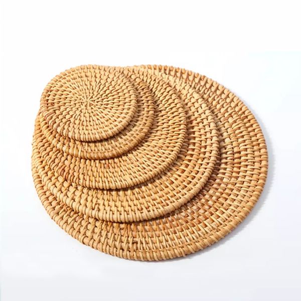 

straw woven dining table mats 8-16cm round rattan placemat holder cup coasters natural corn heat insulation kitchen accessories