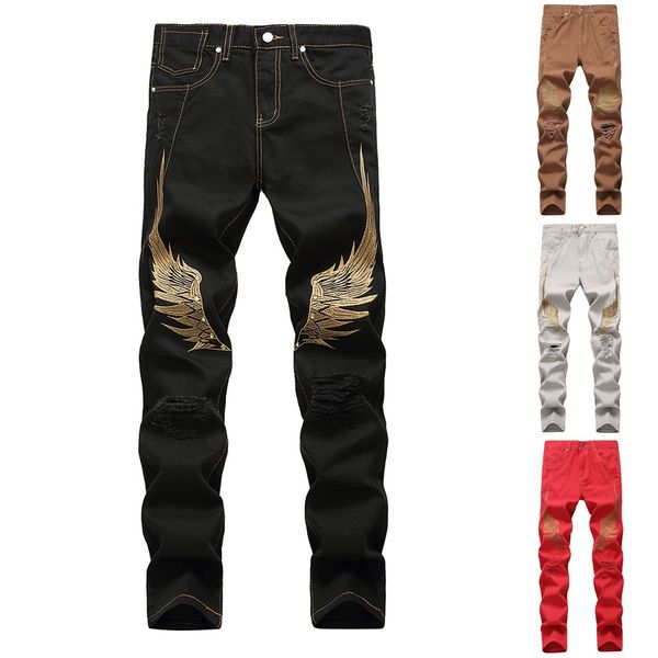 

men stretchy ripped skinny biker embroidery print jeans destroyed hole taped slim fit denim scratched jean 8m35, Blue