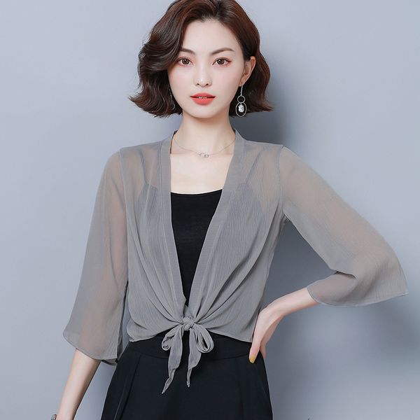 

spring new chiffon blouses kimono cardigan mesh transparent sunscreen women beach cover up outwear plus size bow wrap shirt y279, White