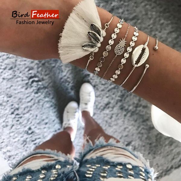 

silver color bohemian handmade weave shell sequins bracelet sets women 2019 new rope chain bracelets retro jewelry accessories, Black