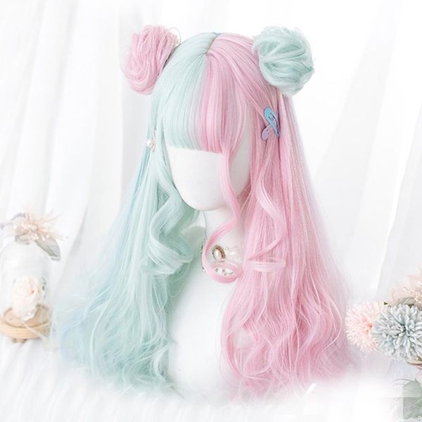 Rosa Mint gemischte süße Prinzessin Party Cosplay Perücken Kawaii tägliche lange lockige Haare Lolita Perücke + Kappe Harajuku 57cm Karussellbrötchen