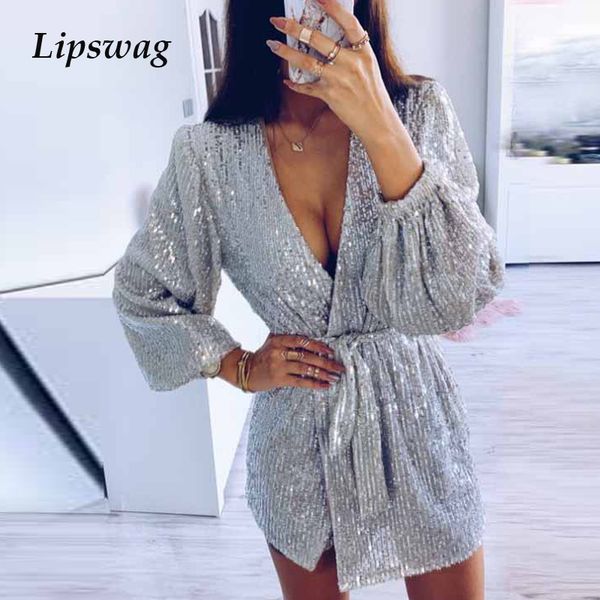 

sexy блестки блеск блестящий нерегулярное мини платье лета женщин v-образным вырезом с длинным рукавом короткое платье весна вскользь узелок, Black;gray