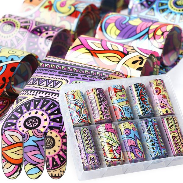 

10pcs colorful retro flower nail foil set adhesive decals wraps stickers transfer foils decor manicure sliders design nail art, Black