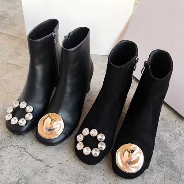 

ankle boots women casual shoes metal zapatos mujer rhinestone leather shoes side zipper chunky heels female boots, Black